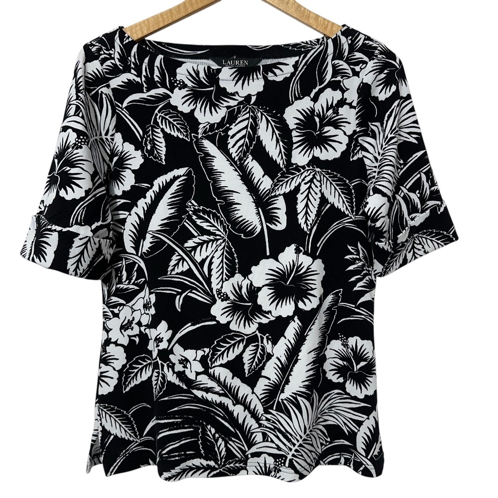 Lauren Ralph Lauren Black Label Leaf Print Knit Top Womens Size L Boat Neck